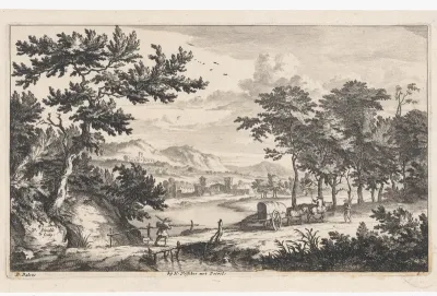 Landschap met lage houten brug