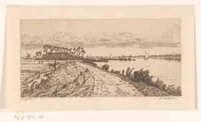 Landschap met landweg, meer en weiland