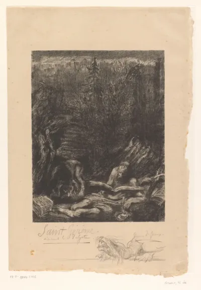 Landschap met leeuw en de heilige Hieronymus met boek