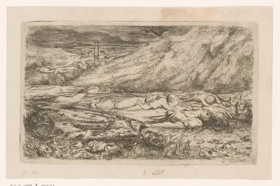 Landschap met lichamen waaronder dat van een vrouw met baby en een koning