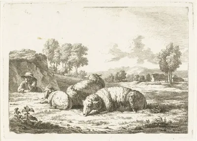 Landschap met liggende herder bij drie schapen