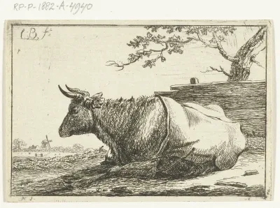 Landschap met liggende koe met dek op de rug