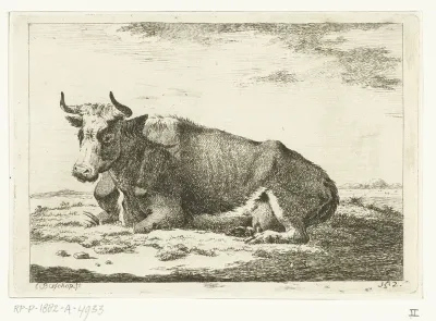 Landschap met liggende koe met horens
