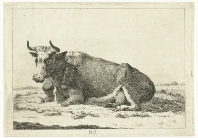 Landschap met liggende koe met horens