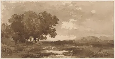 Landschap met links bomengroep