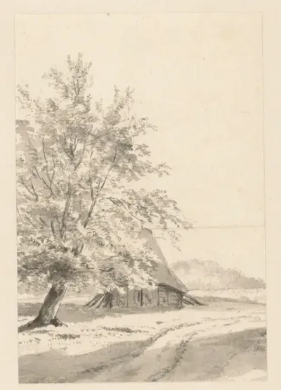 Landschap met links een boom met erachter een schaapskooi