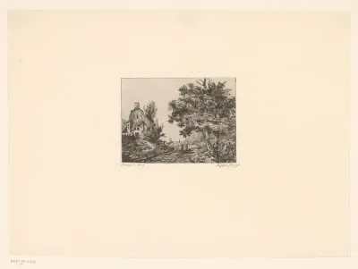 Landschap met links een huis en rechts een boom