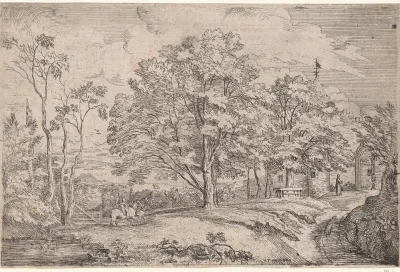 Landschap met links een ruiter met twee paarden