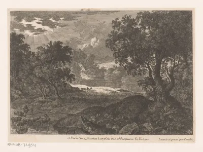 Landschap met links op voorgrond drinkende runderen