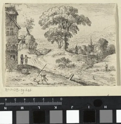Landschap, met links twee mannen bij een huis
