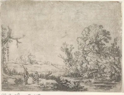 Landschap met links twee rustende jagers