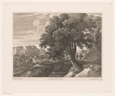 Landschap met lopende man en vrouw