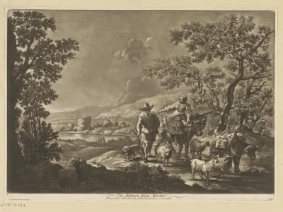 Landschap met lopende man, vrouw op os en vee
