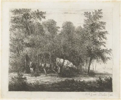 Landschap met man bij volgeladen kar en ingespannen paard