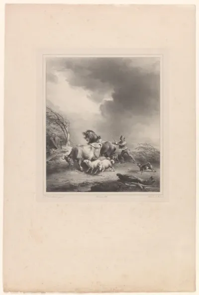 Landschap met man die vee drijft