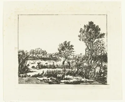 Landschap met man die vogels vangt in weide