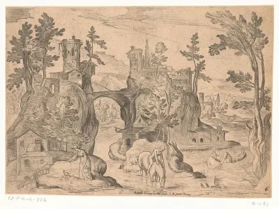 Landschap met man die zijn paard laat drinken