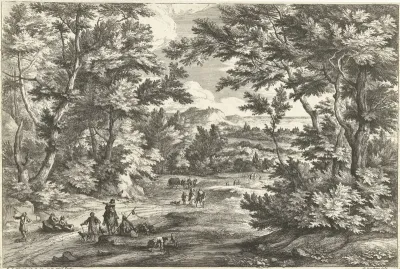 Landschap met man en hond drinkend uit een poel