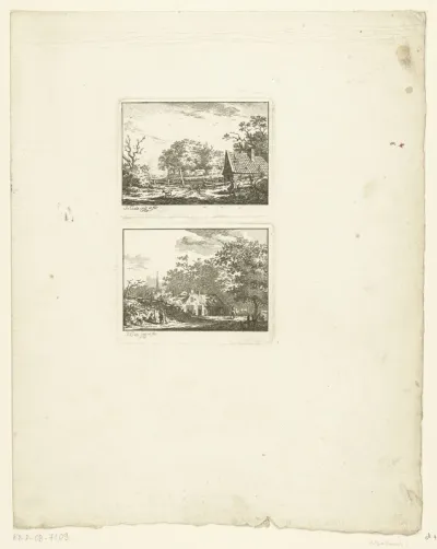 Landschap met man en hond en landschap met twee jagers langs de weg
