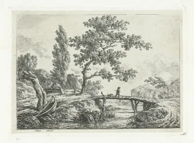 Landschap met man en hond op brug