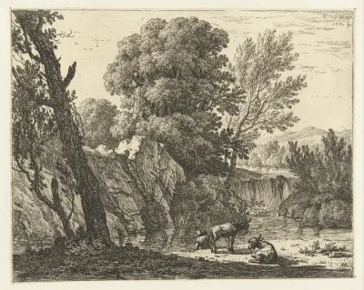 Landschap met man en twee ezels