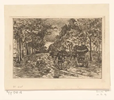 Landschap met man en twee karren met hakhout