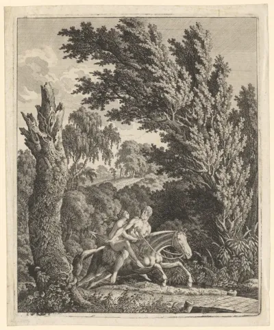 Landschap met man en vrouw op een paard