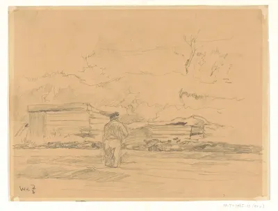 Landschap met man in het midden voor een schuurtje