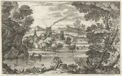Landschap met man met wapperende mantel