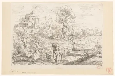 Landschap met man op drinkende ezel