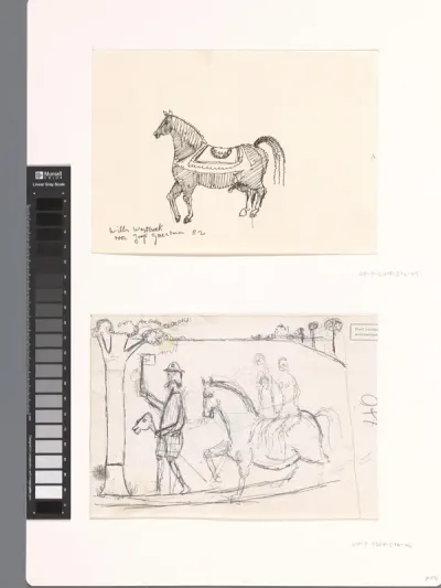 Landschap met man op een stokpaard en twee figuren zittend op een paard