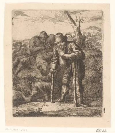 Landschap met man op krukken vergezeld door drie mannen en een kind