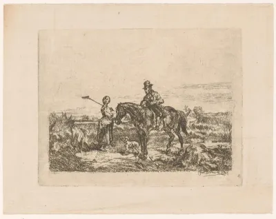 Landschap met man te paard en vrouw met hark