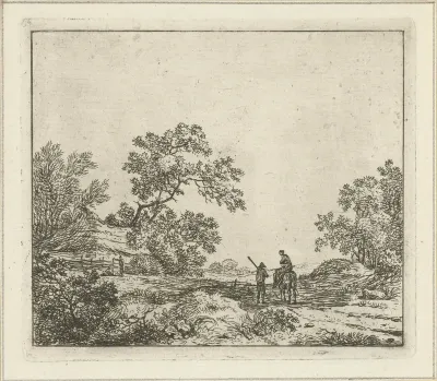 Landschap met man te voet en vrouw te paard