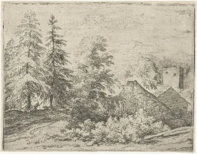 Landschap met man tussen twee sparren