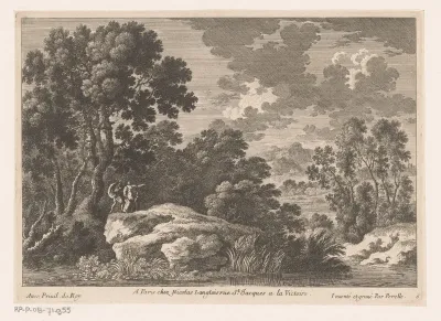 Landschap met man, vrouw en kind op rots bij vijver