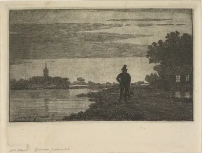 Landschap met man wandelend langs het water
