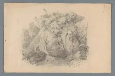 Landschap met man zittend bij een waterval