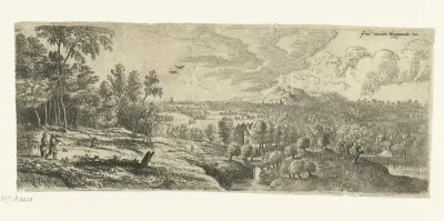 Landschap met mannen die stokken dragen