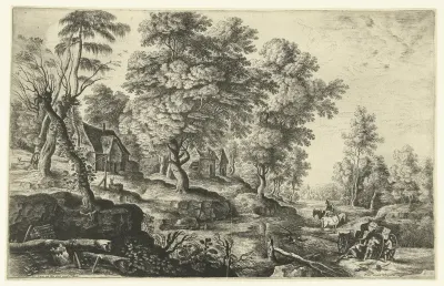 Landschap met mannen die uitgespannen wagen duwen