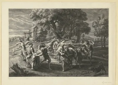 Landschap met mannen en vrouwen die dansen