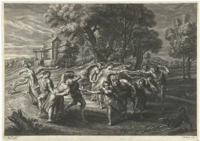Landschap met mannen en vrouwen die dansen