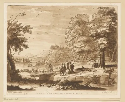 Landschap met Marsyas vastgebonden aan een boom