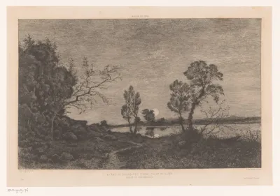 Landschap met meer bij maanlicht