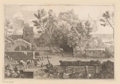 Landschap met meer en drie wassende vrouwen