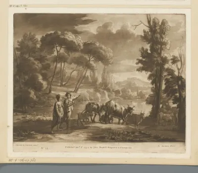 Landschap met meer en twee herders met vee