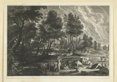 Landschap met melkmeisjes en koeien en jagers
