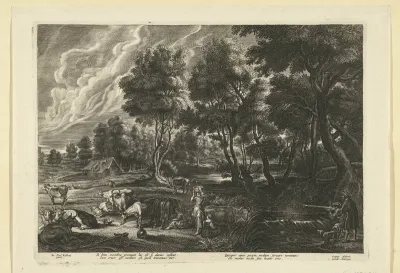 Landschap met melkmeisjes en koeien en jagers
