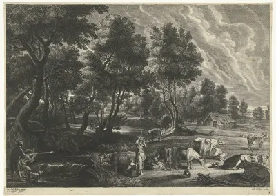 Landschap met melkmeisjes en koeien en jagers