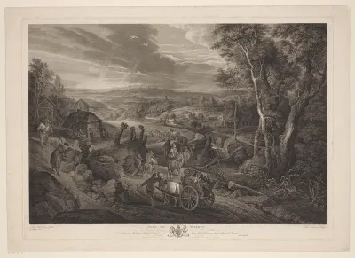Landschap met mensen te voet en te paard onderweg naar een markt